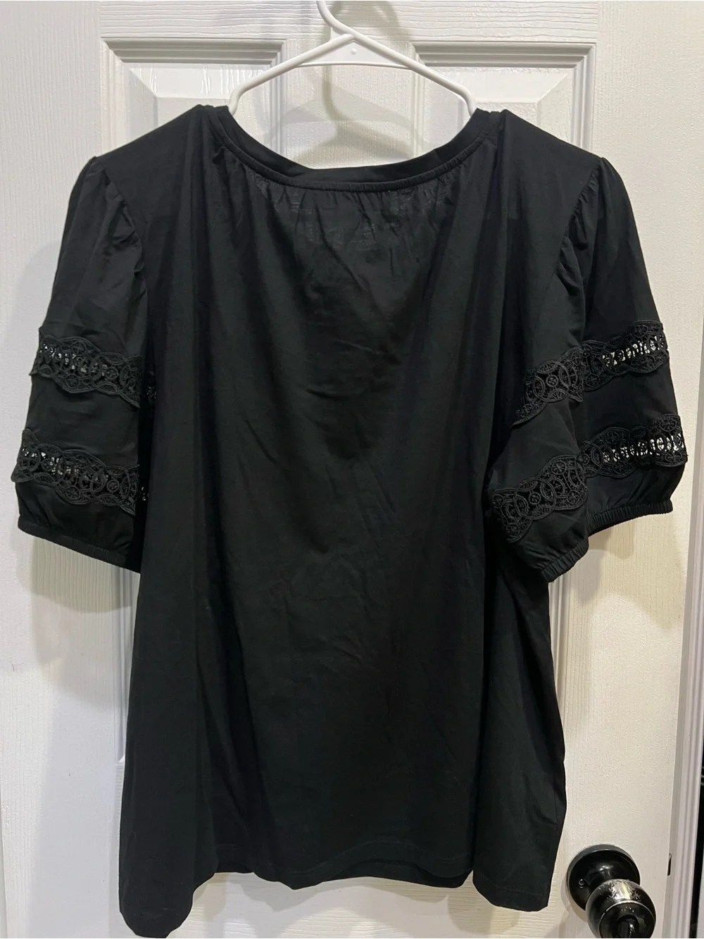 LOFT Black Puff Sleeve Top with Lace Trim